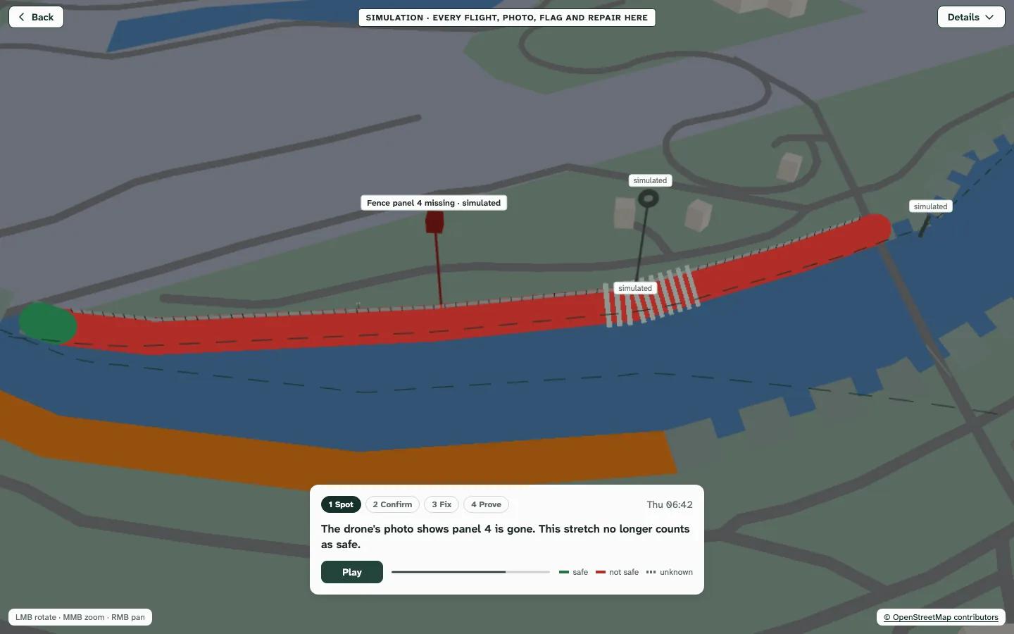 The Safe Edge map at 06:42, on simulated data over real Elmina map data: the drone's photo shows fence panel 4 gone, and the lake edge by the playground turns from safe to not safe.