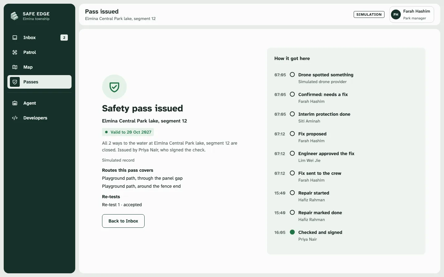 Pass issued: Elmina Central Park lake, segment 12, holds a safety pass valid to 20 October 2027 for both ways to the water, with the day’s timeline from the drone’s flag to Priya Nair’s sign-off.