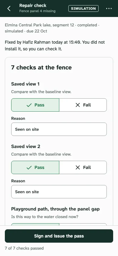 The phone repair check: Priya Nair, who did not install the repair, passes each of 7 checks at the fence with a reason, then signs and issues the pass.